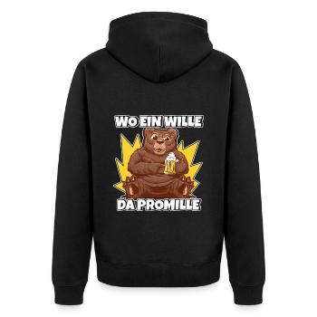 Lustiger Trinkspruch Wo ein Wille da Promille Bier - Unisex Premium Bio Zip Hoodie - Schwarz - Hinten - Nico (187cm)
