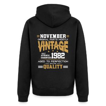 Vintage Aged To Perfection November 1982 - Unisex Premium Bio Zip Hoodie - Schwarz - Hinten - Nico (187cm)