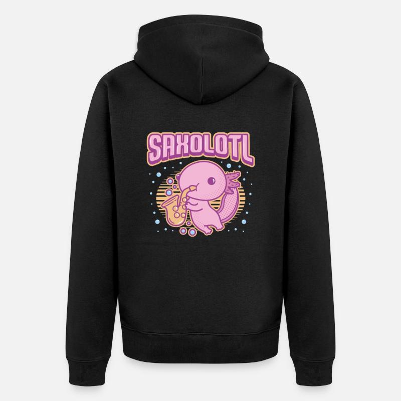 Saxolotl, axolotl joue du saxophone. - Veste à capuche bio Premium Unisexe - noir