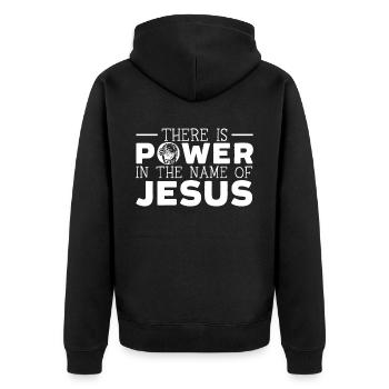 There Is Power In The Name Of Jesus Christian - Unisex Premium Organic Zip Hoodie - black - Back - Nico (187cm)