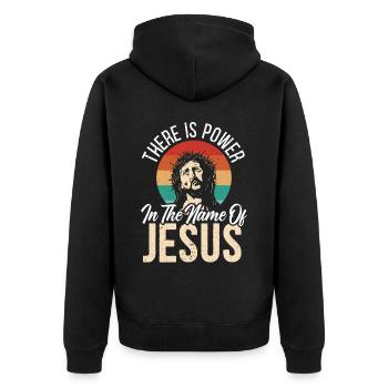 Es gibt Macht im Namen Jesu Christi - Unisex Premium Bio Zip Hoodie - Schwarz - Hinten - Nico (187cm)