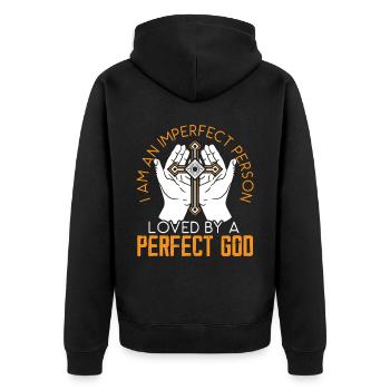 Ich bin eine unvollkommene Person, die von einem vollkommenen Gott geliebt wird - Unisex Premium Bio Zip Hoodie - Schwarz - Hinten - Nico (187cm)