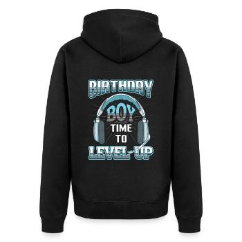 Geburtstagskind, Zeit Zum Aufleveln, Gamer. - Unisex Premium Bio Zip Hoodie - Schwarz - Hinten - Nico (187cm)