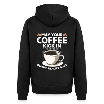 Witziger Kaffee-Liebhaber Humor Barista - Unisex Premium Bio Zip Hoodie - Schwarz - Hinten - Nico (187cm)