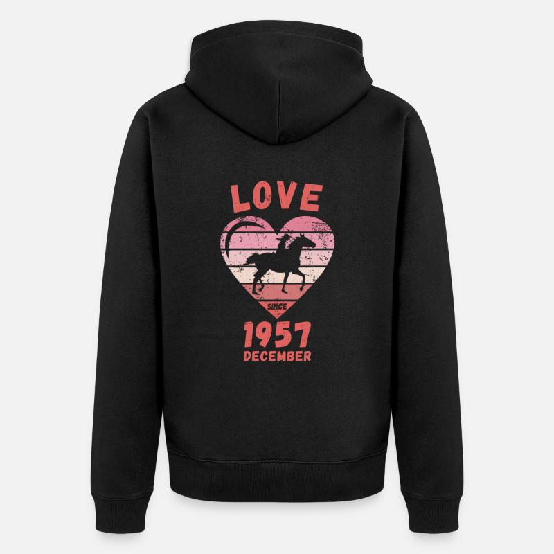 Amour équitation anniversaire Décembre 1957 - Veste à capuche bio Premium Unisexe - noir