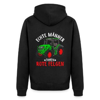 Echte Männer fahren rote Felgen Landwirt Traktor S - Unisex Premium Bio Zip Hoodie - Schwarz - Hinten - Nico (187cm)