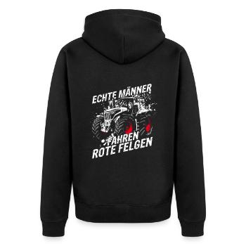 Echte Männer fahren rote Felgen Landwirt Traktor G - Unisex Premium Bio Zip Hoodie - Schwarz - Hinten - Nico (187cm)