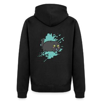 Katze mit Fisch im Maul im Kawaii Stil Tier - Unisex Premium Bio Zip Hoodie - Schwarz - Hinten - Nico (187cm)