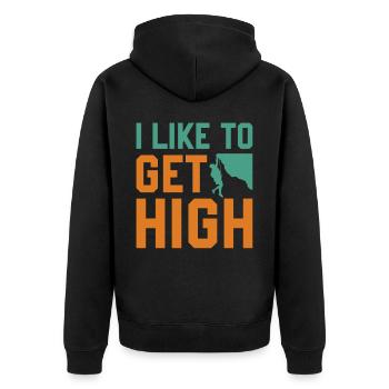 Bouldering Hiking Climbing - I Like To Get High - Unisex Premium Bio Zip Hoodie - Schwarz - Hinten - Nico (187cm)