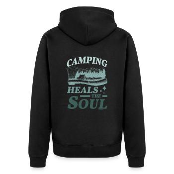 Camping heilt die Seele - Unisex Premium Bio Zip Hoodie - Schwarz - Hinten - Nico (187cm)