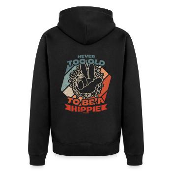 Man ist nie zu alt ein Hippie zu sein - Unisex Premium Bio Zip Hoodie - Schwarz - Hinten - Nico (187cm)
