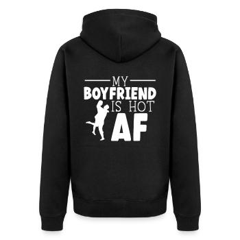 Mein Freund ist heiß AF Beziehung Freundin - Unisex Premium Bio Zip Hoodie - Schwarz - Hinten - Nico (187cm)