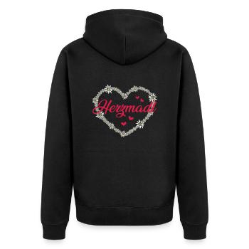 Herzmadl Dirndl Trachten Ersatz Trachtenshirt - Unisex Premium Bio Zip Hoodie - Schwarz - Hinten - Nico (187cm)