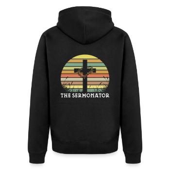 The Sermonator , Funny Preacher Gifts, Pastor, - Unisex Premium Organic Zip Hoodie - black - Back - Nico (187cm)