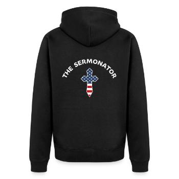 The Sermonator , Funny Preacher Gifts, Pastor, - Unisex Premium Organic Zip Hoodie - black - Back - Nico (187cm)