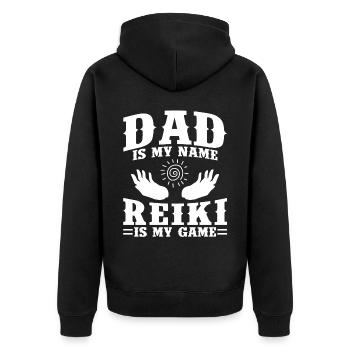 Papa est mon nom - Le Reiki est mon jeu - Veste à capuche bio Premium Unisexe - noir - Dos - Nico (187cm)