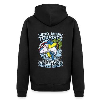 Send More Tourists für einen Surfer Wellenreiter - Unisex Premium Bio Zip Hoodie - Schwarz - Hinten - Nico (187cm)
