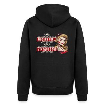 Ein modernes Mädchen mit einem Vintage Soul Pin up - Unisex Premium Bio Zip Hoodie - Schwarz - Hinten - Nico (187cm)