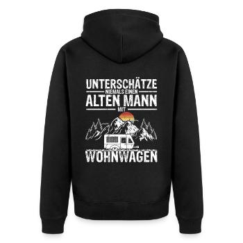 Unterschätze niemals Alter Mann mit Wohnwagen Spru - Unisex Premium Bio Zip Hoodie - Schwarz - Hinten - Nico (187cm)