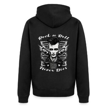 Rock n Roll niemals stirbt Dark Rockabilly Greaser - Unisex Premium Bio Zip Hoodie - Schwarz - Hinten - Nico (187cm)