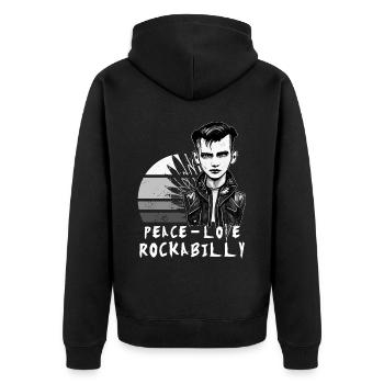 Friedensliebe Rockabilly Retro Psychobilly Greaser - Unisex Premium Bio Zip Hoodie - Schwarz - Hinten - Nico (187cm)
