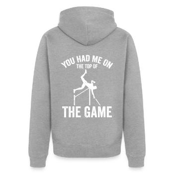 Lustiger Stabhochsprung Stabhochsprung - Unisex Premium Bio Zip Hoodie - Grau meliert - Hinten - Nico (187cm)
