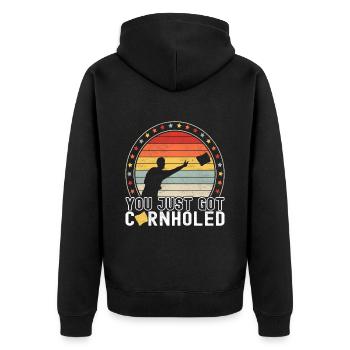 Cornhole Spieler Cornhole Board - Unisex Premium Bio Zip Hoodie - Schwarz - Hinten - Nico (187cm)