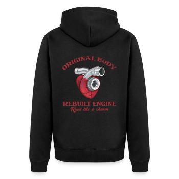 The original, converted engine runs like a - Unisex Premium Organic Zip Hoodie - black - Back - Nico (187cm)