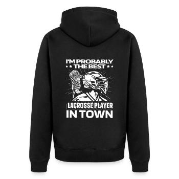 Lacrosse Funny - Unisex Premium Organic Zip Hoodie - black - Back - Nico (187cm)