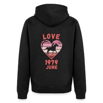 Amour équitation Anniversaire Juin 1979 - Veste à capuche bio Premium Unisexe - noir - Dos - Nico (187cm)