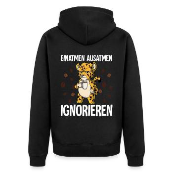 Einatmen Ausatmen Ignorieren Kaffee Leopard - Unisex Premium Bio Zip Hoodie - Schwarz - Hinten - Nico (187cm)