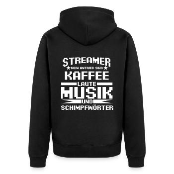 Gaming Zocken Zocker Gamer Streaming Streamer - Unisex Premium Bio Zip Hoodie - Schwarz - Hinten - Nico (187cm)