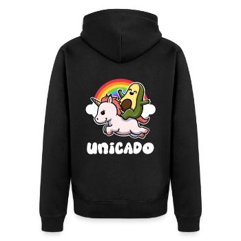Unicado Avocado Geschenk - Unisex Premium Bio Zip Hoodie - Schwarz - Hinten - Nico (187cm)