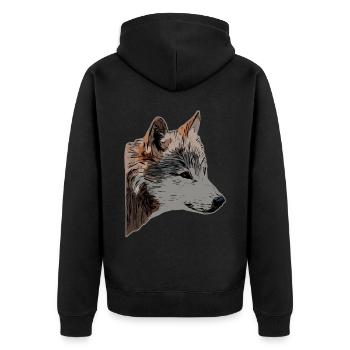 Wolfskopf wildes Tier Motiv Aufdruck mit Wolf - Unisex Premium Bio Zip Hoodie - Schwarz - Hinten - Nico (187cm)