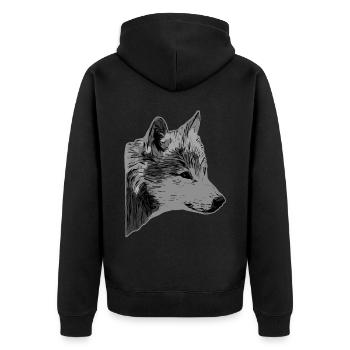 Wolfskopf wildes Tier Motiv Aufdruck mit Wolf - Unisex Premium Bio Zip Hoodie - Schwarz - Hinten - Nico (187cm)