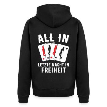 Poltern JGA Mann Bräutigam Junggesellenabschied - Unisex Premium Bio Zip Hoodie - Schwarz - Hinten - Nico (187cm)