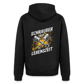 Schrauber Auf Lebenszeit - KFZ Werkstatt Spruch Tu - Unisex Premium Bio Zip Hoodie - Schwarz - Hinten - Nico (187cm)