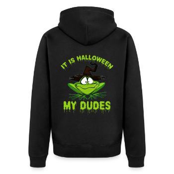 Frog Meme C’est Halloween mes mecs - Veste à capuche bio Premium Unisexe - noir - Dos - Nico (187cm)