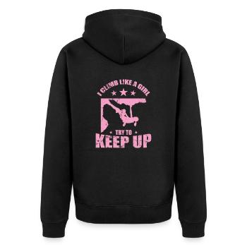 I Climb like a Girl Try to Keep up Bouldern - Unisex Premium Bio Zip Hoodie - Schwarz - Hinten - Nico (187cm)