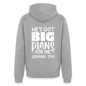 He has big plans for me, Jeremiah 29:11 Psalm - Unisex Premium Organic Zip Hoodie - heather grey - Back - Nico (187cm)