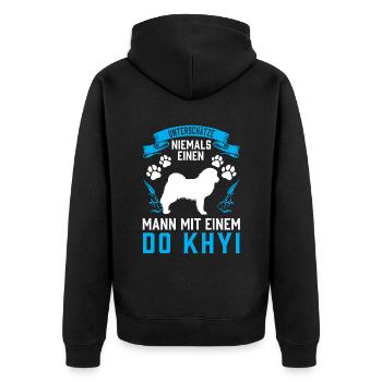 Mann mit Do Khyi Tibetmastiff Tibetdogge - Unisex Premium Bio Zip Hoodie - Schwarz - Hinten - Nico (187cm)