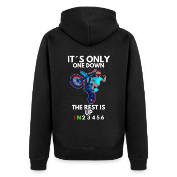 Supermoto / Supermotard / Supermoto Wheelie Biker - Unisex Premium Bio Zip Hoodie - Schwarz - Hinten - Nico (187cm)