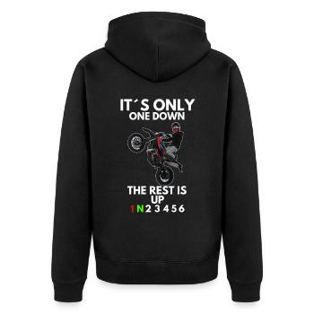 Supermoto / Supermotard / Supermoto Wheelie Biker - Unisex Premium Bio Zip Hoodie - Schwarz - Hinten - Nico (187cm)