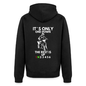 Supermoto / Supermotard / Supermoto Wheelie Biker - Unisex Premium Bio Zip Hoodie - Schwarz - Hinten - Nico (187cm)