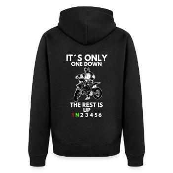 Supermoto / Supermotard / Supermoto Wheelie Biker - Unisex Premium Bio Zip Hoodie - Schwarz - Hinten - Nico (187cm)