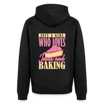 Just a Girl who Loves Jesus and Baking Backen - Unisex Premium Bio Zip Hoodie - Schwarz - Hinten - Nico (187cm)