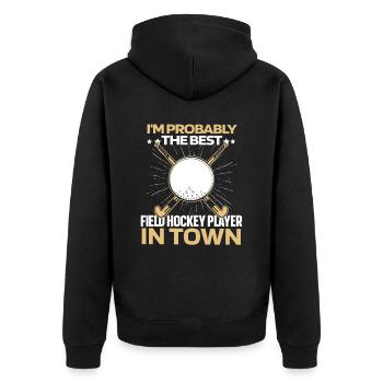 Feldhockey Witzig - Unisex Premium Bio Zip Hoodie - Schwarz - Hinten - Nico (187cm)