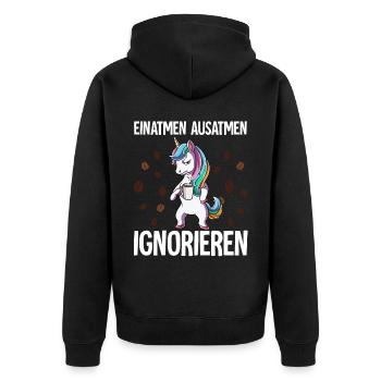 Einatmen Ausatmen Ignorieren Kaffee Einhorn - Unisex Premium Bio Zip Hoodie - Schwarz - Hinten - Nico (187cm)