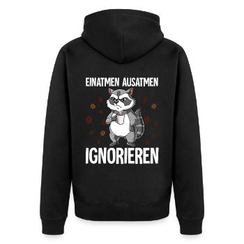 Einatmen Ausatmen Ignorieren Kaffee Waschbär - Unisex Premium Bio Zip Hoodie - Schwarz - Hinten - Nico (187cm)