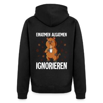 Einatmen Ausatmen Ignorieren Kaffee Quokka - Unisex Premium Bio Zip Hoodie - Schwarz - Hinten - Nico (187cm)